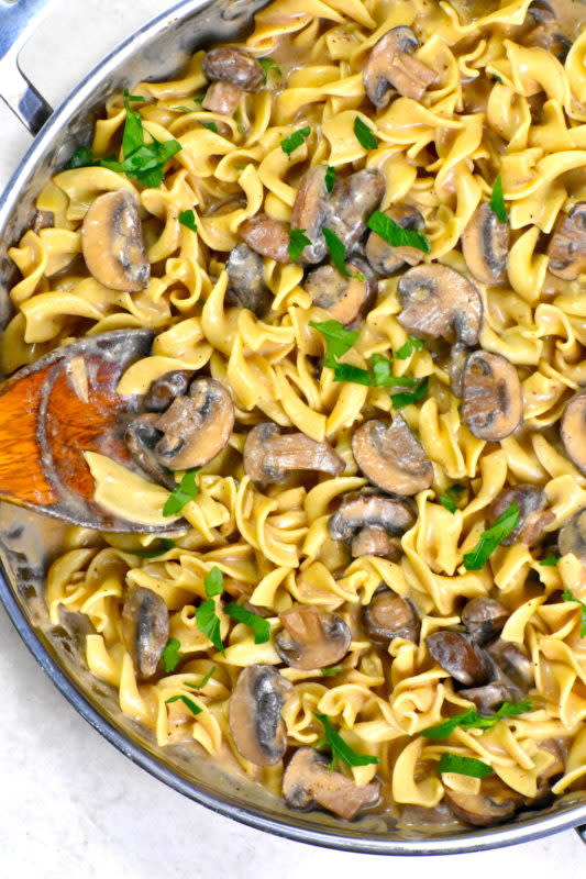 <p>Gypsyplate</p><p>With just a handful of basic ingredients, you can have this meatless noodle dinner on the table in under half an hour. </p><p><strong>Get the recipe: <a href="https://gypsyplate.com/mushroom-stroganoff/" rel="nofollow noopener" target="_blank" data-ylk="slk:Mushroom Stroganoff;elm:context_link;itc:0;sec:content-canvas" class="link ">Mushroom Stroganoff</a></strong></p>