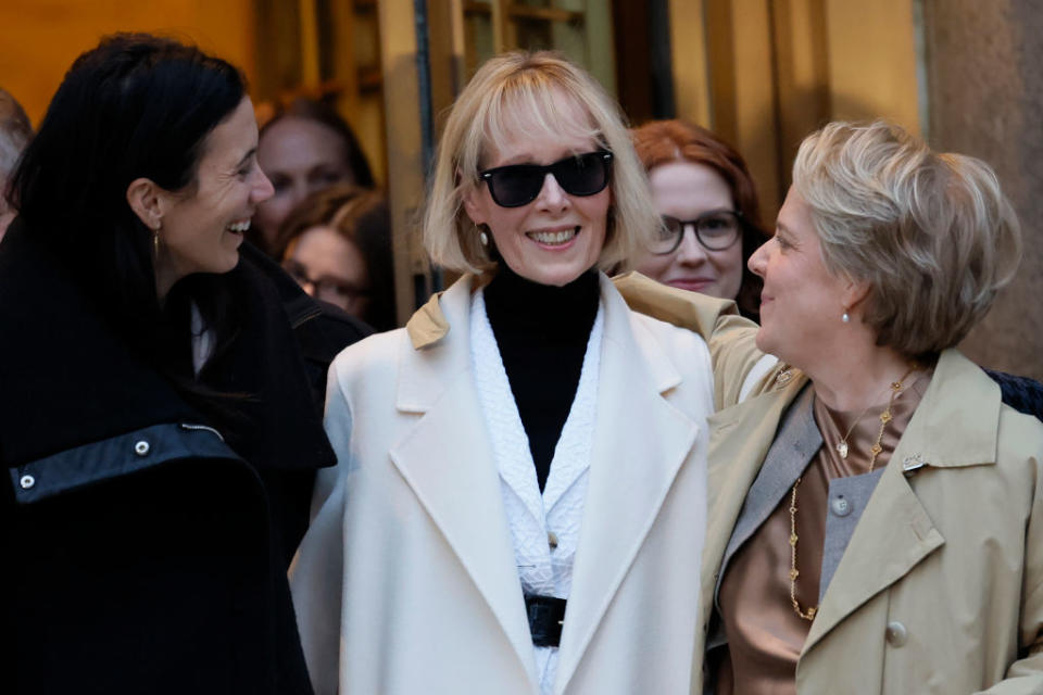 E. Jean Carroll and her lawyer Roberta Kaplan, right, leaving Manhattan Federal Court after the jury awarded her $83.3 million dollars in her civil defamation trial against Donald Trump.