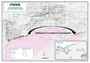 Rock Chip and stream sediment surface sampling results from Novo 2021 reconnaissance mapping program.