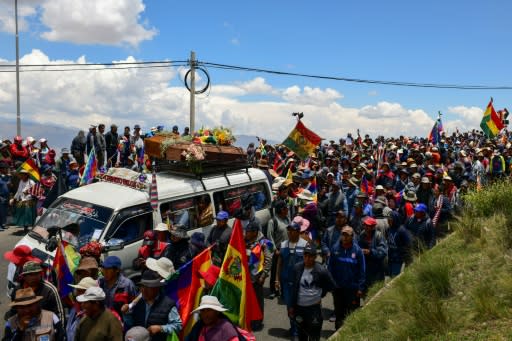 A funeral procession for five supporters of Bolivia's ex-president Evo Morales, killed when security forces lifted a siege on a fuel plant