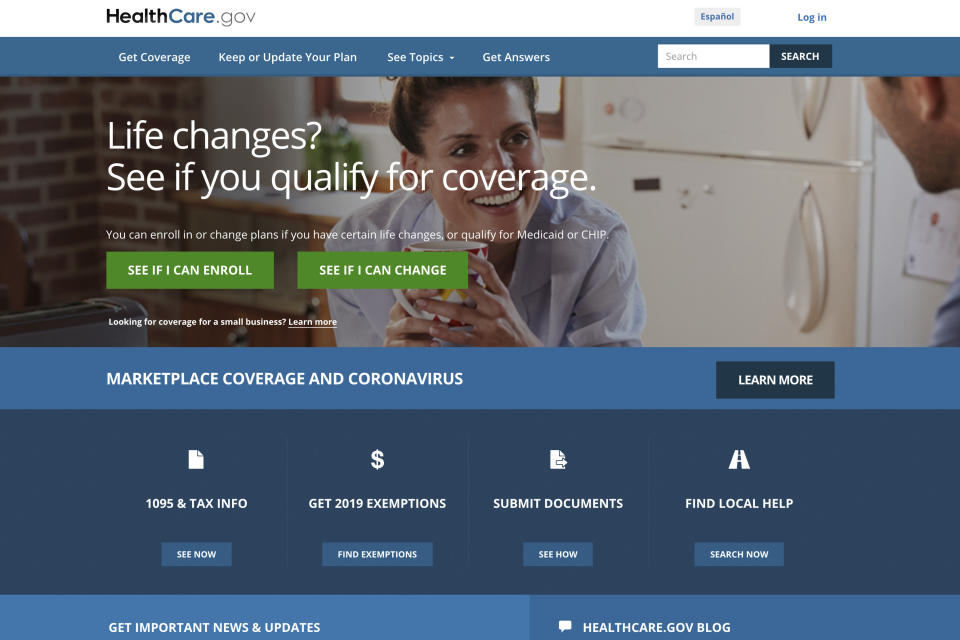 In this image provided by U.S. Centers for Medicare & Medicaid Service, the website for HealthCare.gov is seen. The Trump administration’s opposition to “Obamacare” could become an obstacle to helping millions of uninsured people in the coronavirus outbreak, as well as many workers who are losing coverage because of the economic shutdown. Experts say the Affordable Care Act’s insurance markets provide an infrastructure for extending subsidized private coverage in every state. (U.S. Centers for Medicare & Medicaid Service via AP)