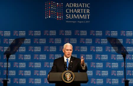 FILE PHOTO - U.S. Vice President Mike Pence gives a speech during Adriatic Charter Summit in Podgorica, Montenegro, on August 2, 2017. REUTERS/Stevo Vasiljevic/File Photo