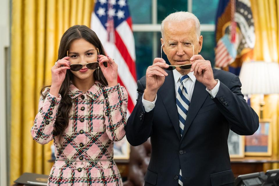 President Joe Biden records a video address with Olivia Rodrigo on Wednesday, July 14, 2021, in the Oval Office of the White House.