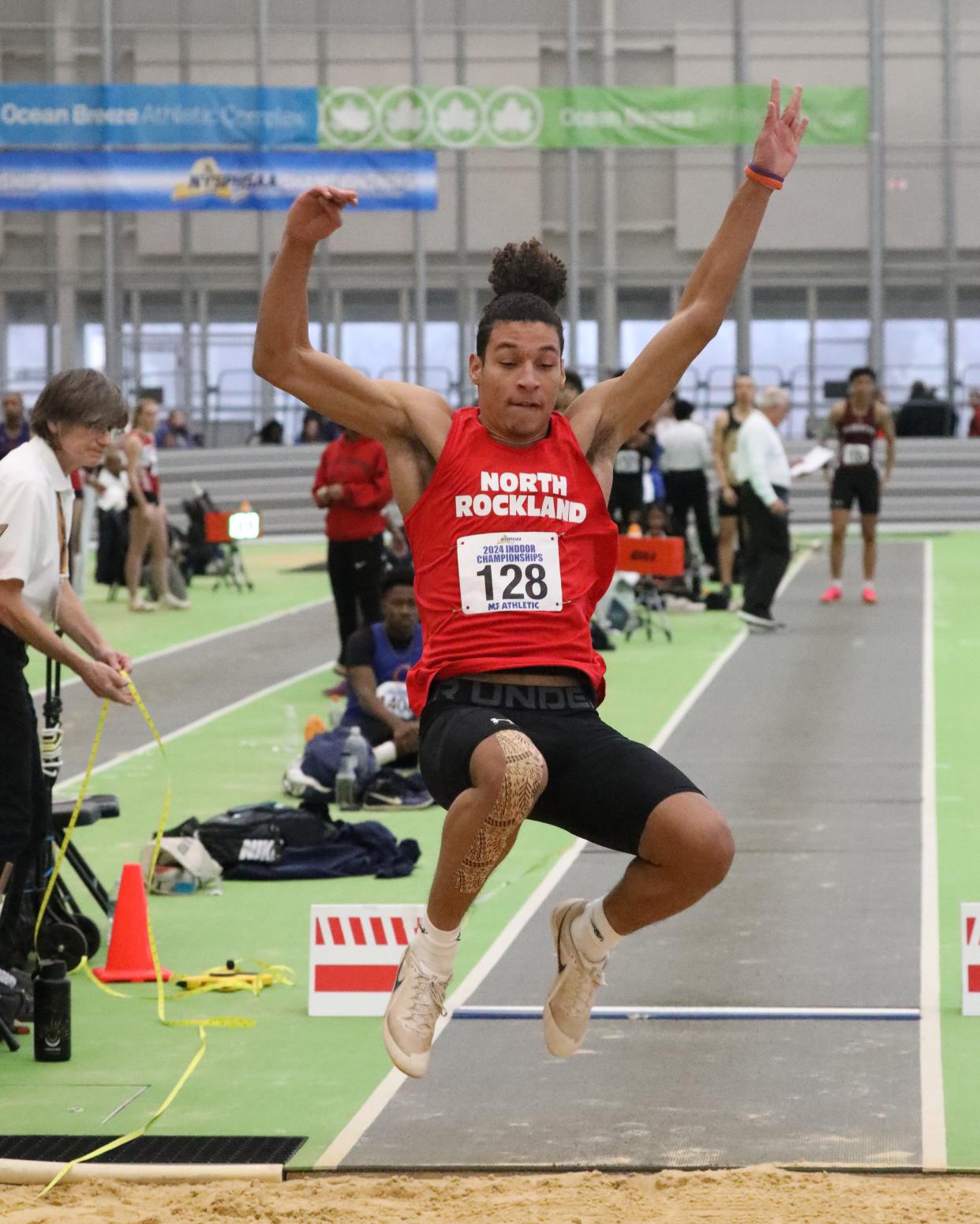 Yunior Sanchez from North Rockland competes in the boys long jump at the 2024 New York State Indoor Track and Field Championships at the Ocean Breeze Athletic Complex in Staten Island, March 2, 2024.