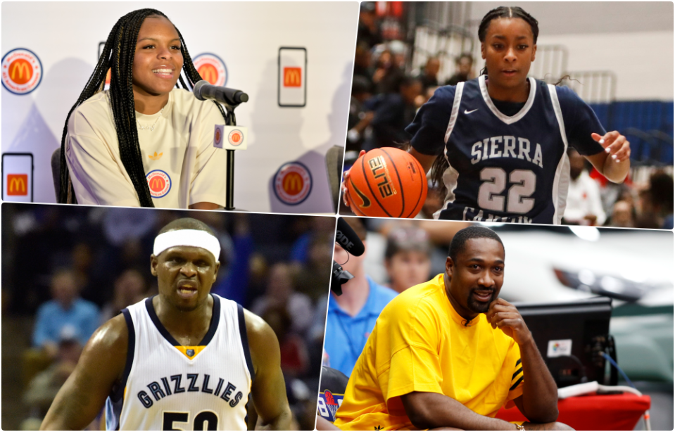 From left to right, top to bottom: Mackenly Randolph, Izela Arenas, Zach Randolph and Gilbert Arenas. The daughters of the former NBA All-Stars will play for Louisville in the 2024-25 season. (Composite image by For The Win. Photos by: Chris Day/The Commercial Appeal / USA TODAY NETWORK; Maria Lysaker-USA TODAY Sports; Frederick Breedon/Getty Images; Tim Heitman/Getty Images for BIG3)