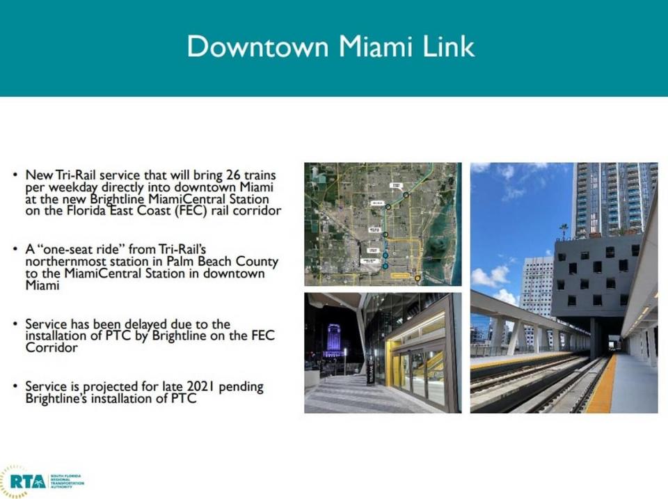 A presentation by the South Florida Regional Transportation Authority, Tri-Rail’s parent, in a 2021 report by the Florida Transportation Commission touted a “one-seat ride” from West Palm Beach once the agency opened a Miami station. That hasn’t happened, but Tri-Rail’s director said the current required transfer will eventually be eliminated.