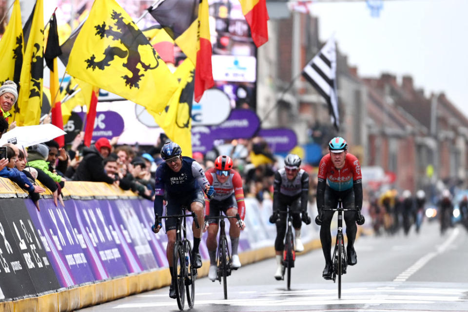 WEVELGEM BELGIUM  MARCH 26 Sep Vanmarcke of Belgium and Team Israel  Premier Tech reacts crossing the finish line on third place during the 85th GentWevelgem in Flanders Fields 2023 Mens Elite a 2609km one day race from Ypres to Wevelgem  UCIWT  on March 26 2023 in Wevelgem Belgium Photo by Tim de WaeleGetty Images