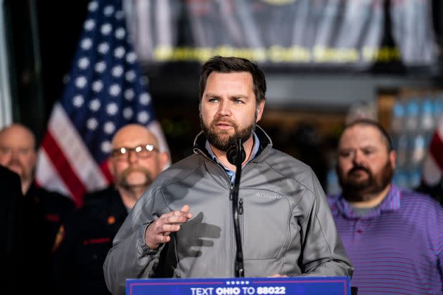 Sen. J.D. Vance (R-Ohio) speaks at East Palestine Fire Department during a visit to East Palestine, Ohio, following the Feb. 3 Norfolk Southern freight train derailment on Feb. 22.