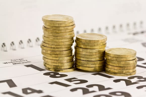 Three piles of gold coins, resting on a spiral-bound calendar