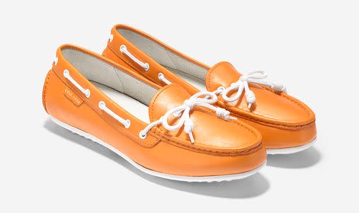 <a href="http://www.colehaan.com/women%27s-grant-pearlized-lte-melon/D42924.html?dwvar_D42924_color=Melon&dwvar_D42924_width=B#cgid=womens_shoes_loafersdrivers&start=15" target="_blank">Cole Haan "Grant Pearlized LTE" shoes, $118</a>