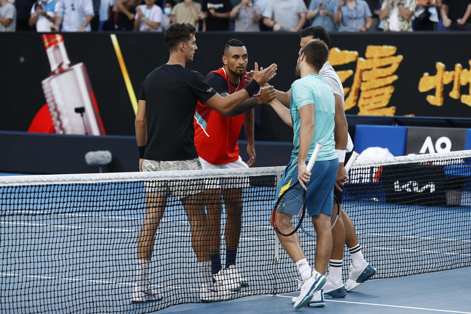 Nick Kyrgios and Thanasi Kokkinakis, pictured here shaking hands with Nikola Mektic and Mate Pavic.