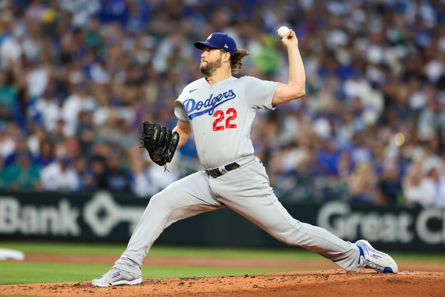 Los Angeles Dodgers starting pitcher Clayton Kershaw throws during the second inning of a baseball game against the Seattle Mariners, Saturday, Sept. 16, 2023, in Seattle. (AP Photo/Maddy Grassy)