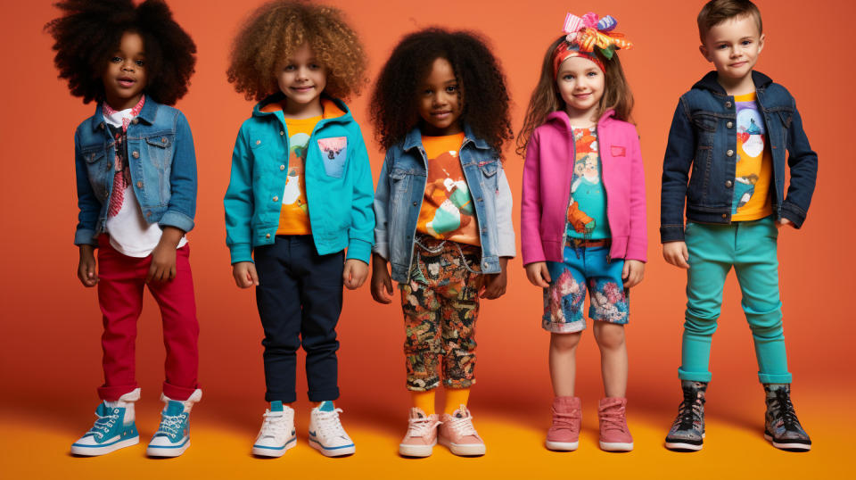 A colorful assortment of children's apparel with different themes, capturing the dynamism of the business.