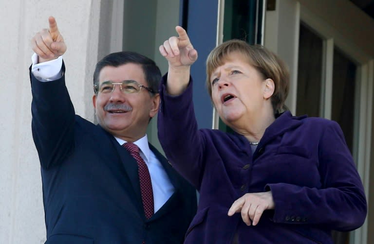 Turkish Prime Minister Ahmet Davutoglu and German Chancellor Angela Merkel pictured in Ankara on February 8, 2016