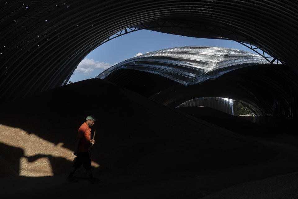 An employee stands in a shaft of light coming through the roof of a damaged warehouse at a grain facility in Pavlivka, Ukraine, Saturday, July 22, 2023, following Russian missile attacks. (AP Photo/Jae C. Hong)