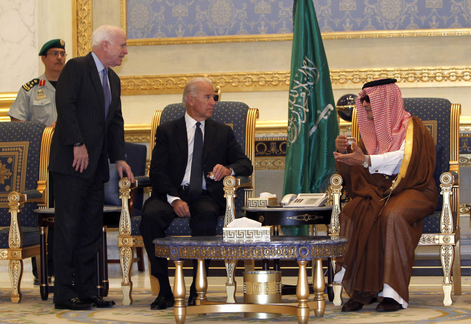 (Left to right) Sen. John McCain, Vice President Joe Biden and Saudi Foreign Minister Prince Saud Al-Faisal meet at Riyadh airbase on Oct. 27, 2011. Biden led a U.S. delegation to offer condolences on the death of Crown Prince Sultan bin Abdul-Aziz Al Saud. (Photo: Fahad Shadeed / Reuters)