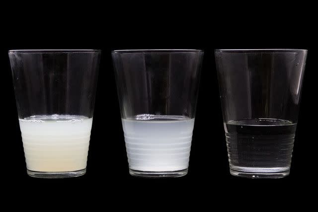 From left: The starchiest water came from cooking one pound of pasta in half a gallon water; moderately starchy water from one pound of pasta in one gallon water; plain salted tap water with no starch in it was the control.