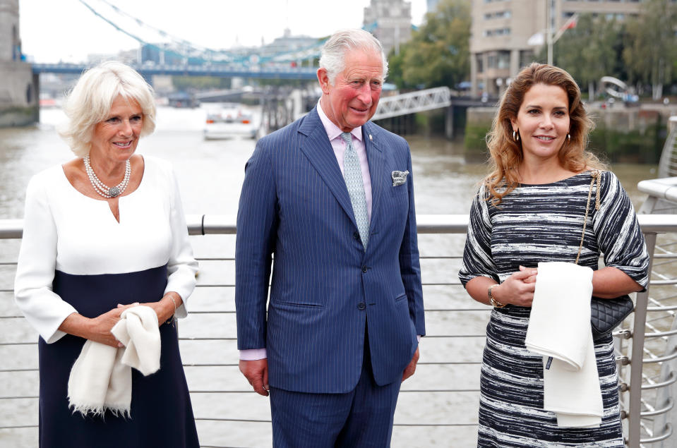 LONDON, UNITED KINGDOM - SEPTEMBER 05: (EMBARGOED FOR PUBLICATION IN UK NEWSPAPERS UNTIL 24 HOURS AFTER CREATE DATE AND TIME) Camilla, Duchess of Cornwall, Prince Charles, Prince of Wales and Princess Haya Bint Al Hussein visit the newly refurbished 'Maiden' Yacht at HMS President on September 5, 2018 in London, England. The 'Maiden' Yacht was used by the first all-female crew to sail in the 1990 Whitbread Round the World Race in which they finished second. (Photo by Max Mumby/Indigo/Getty Images)