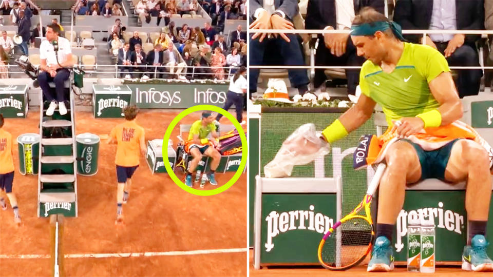 Rafa Nadal, pictured here using sawdust to try and keep his hands dry at the French Open.