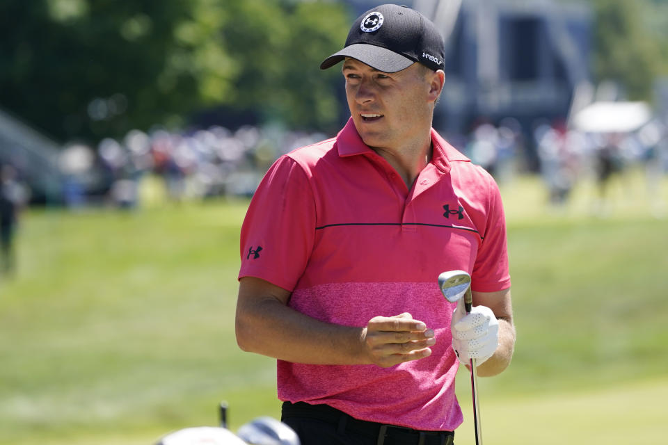 Jordan Spieth prepares to hit on the driving range during a practice round ahead of the U.S. Open golf tournament, Tuesday, June 14, 2022, at The Country Club in Brookline, Mass. (AP Photo/Charles Krupa)