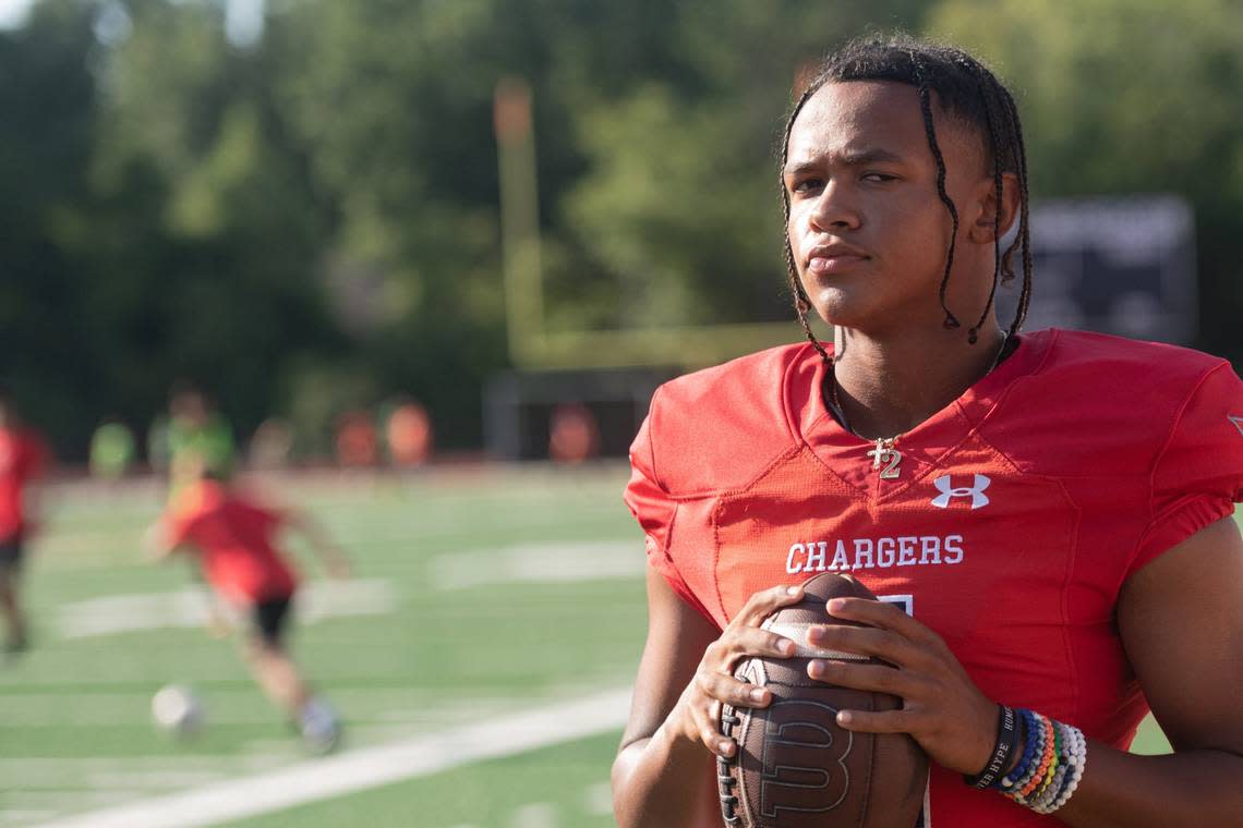 Providence Day School Chargers junior quarterback Jadyn Davis poses for a portrait before morning practice on Tuesday, Aug. 2, 2022 at Providence Day School in Charlotte, N.C.