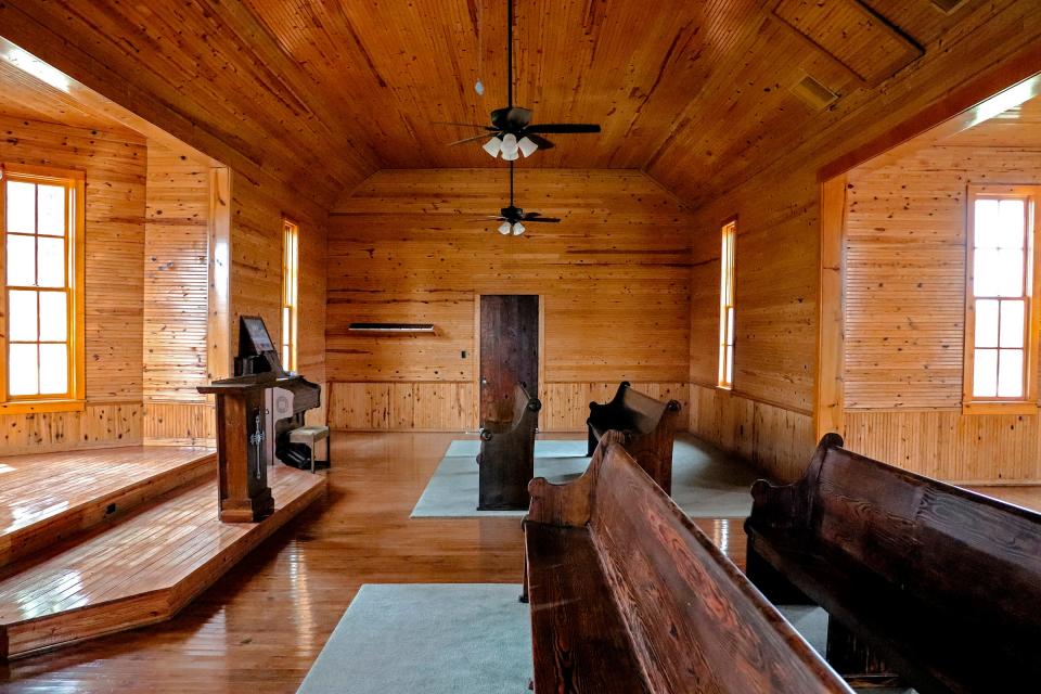 Here is a look inside the Shawnee Friends Mission church building, where Quakers served the Absentee Shawnee and other area tribes in the late 1800s and early 1900s.