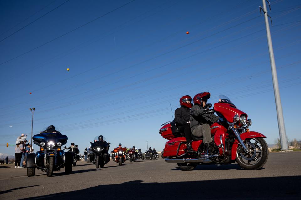 Riders arrive at Manheim Utah in Woods Cross during the Kyle Petty Charity Ride on Saturday, April 29, 2023. | Spenser Heaps, Deseret News