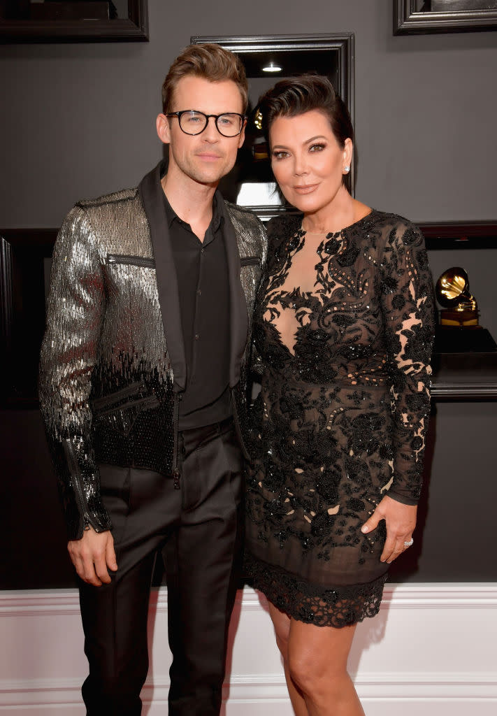 <p>Kris Jenner showed off her legs in a lacy black mini while Goreski shimmered in a metallic blazer. </p>