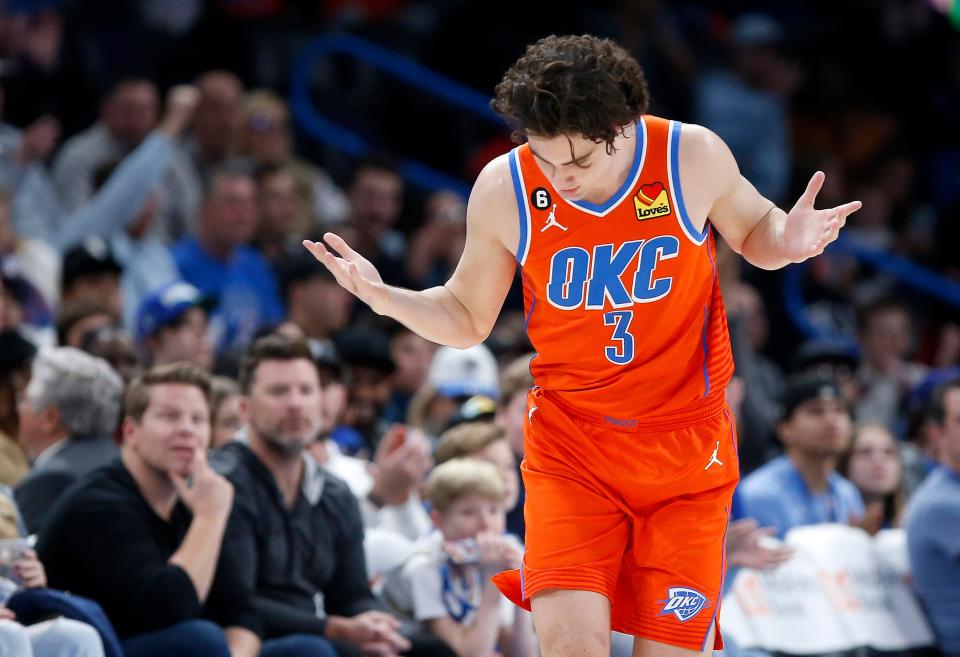 Oklahoma City's Josh Giddey (3) reacts after hitting a 3-point basket in the fourth quarter during the NBA basketball game between the Oklahoma City Thunder and the Dallas Mavericks at the Paycom Center in Oklahoma City, Sunday, Jan.8, 2023. 