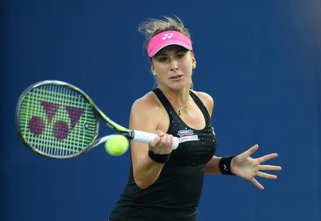 Sep 2, 2015; New York, NY, USA; Belinda Bencic of Switzerland returns a shot to Misaki Doi of Japan on day three of the 2015 U.S. Open tennis tournament at USTA Billie Jean King National Tennis Center. Mandatory Credit: Jerry Lai-USA TODAY Sports