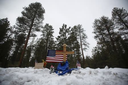 A memorial for Robert "LaVoy" Finicum is seen where he was shot and killed by law enforcement on a highway north of Burns, Oregon January 30, 2016. REUTERS/Jim Urquhart