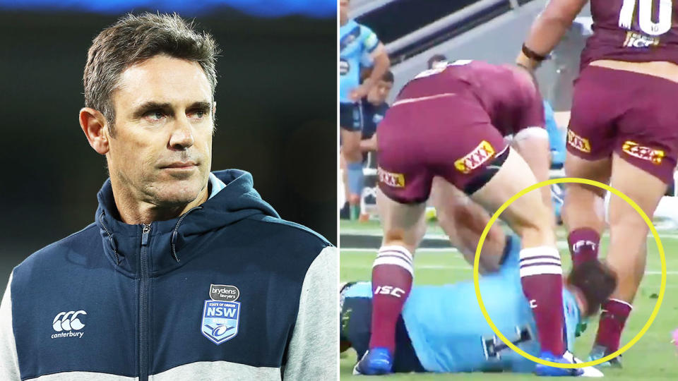 NSW coach Brad Fittler (pictured left) during a game and Jai Arrow (pictured right) shoving James Tedesco back into the turf.