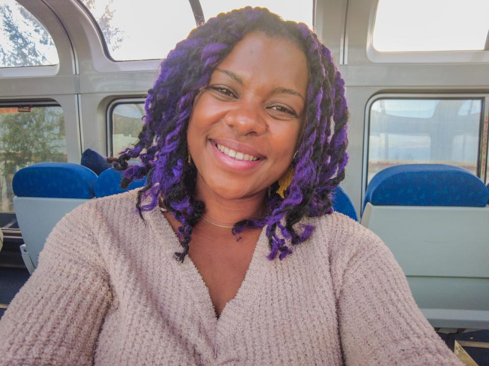 sojourner white smiling on board the coast starlight