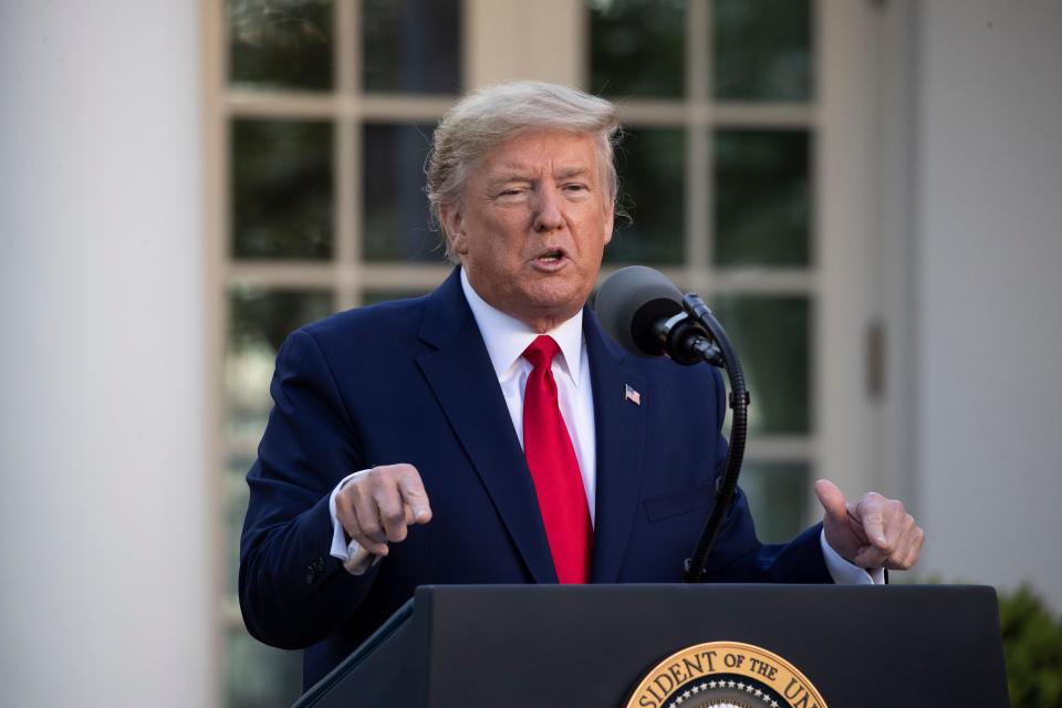 President Donald Trump speaks about the coronavirus in the Rose Garden of the White House, Monday, March 30, 2020, in Washington.