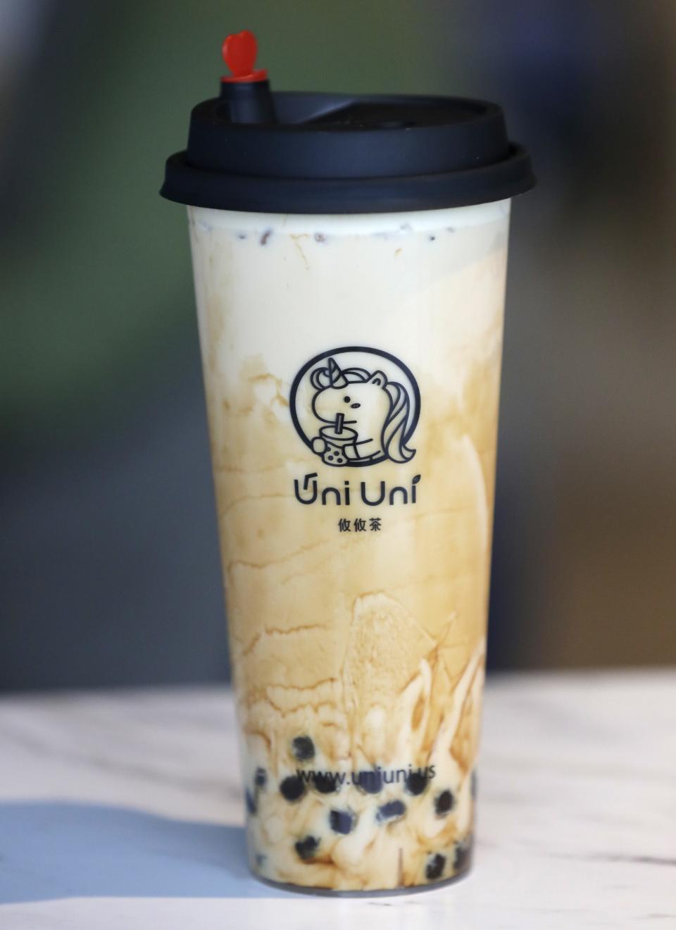 This is a brown sugar milk tea with boba available at Uni Uni Bubble Tea on May 20, 2022, in downtown Appleton, Wis.