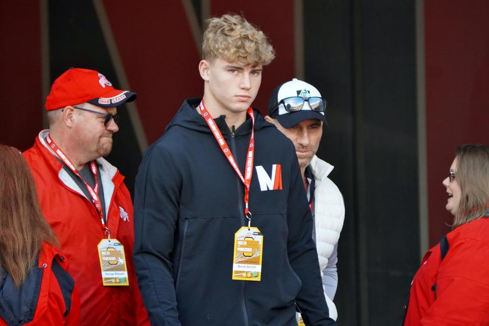 Recruit Brock Schott watches Ohio State warm up before playing Penn State Oct. 21, 2023 at Ohio Stadium.