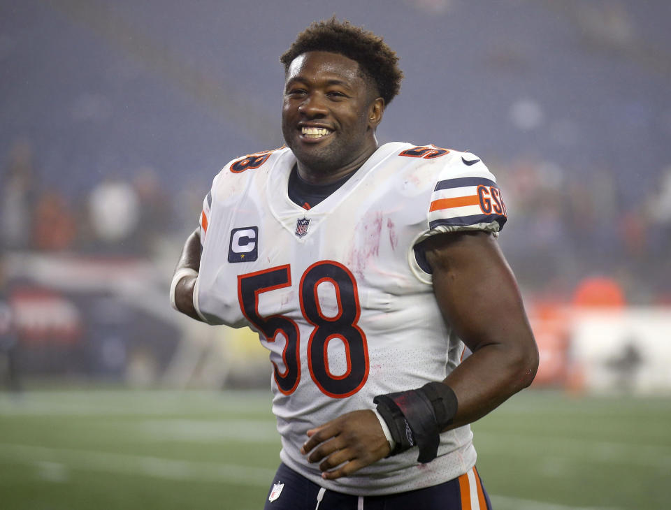 FILE - Chicago Bears linebacker Roquan Smith walks off the field following an NFL football game against the New England Patriots, Oct. 24, 2022, in Foxborough, Mass. The Bears agreed to trade Smith to the Baltimore Ravens on Monday, Oct. 31, 2022, according to a person with knowledge of the deal. The person spoke on condition of anonymity because the trade had not been announced. (AP Photo/Stew Milne, File)