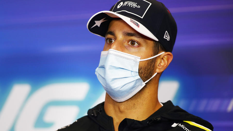 Daniel Ricciardo is pictured during a press conference at the Portuguese Grand Prix.