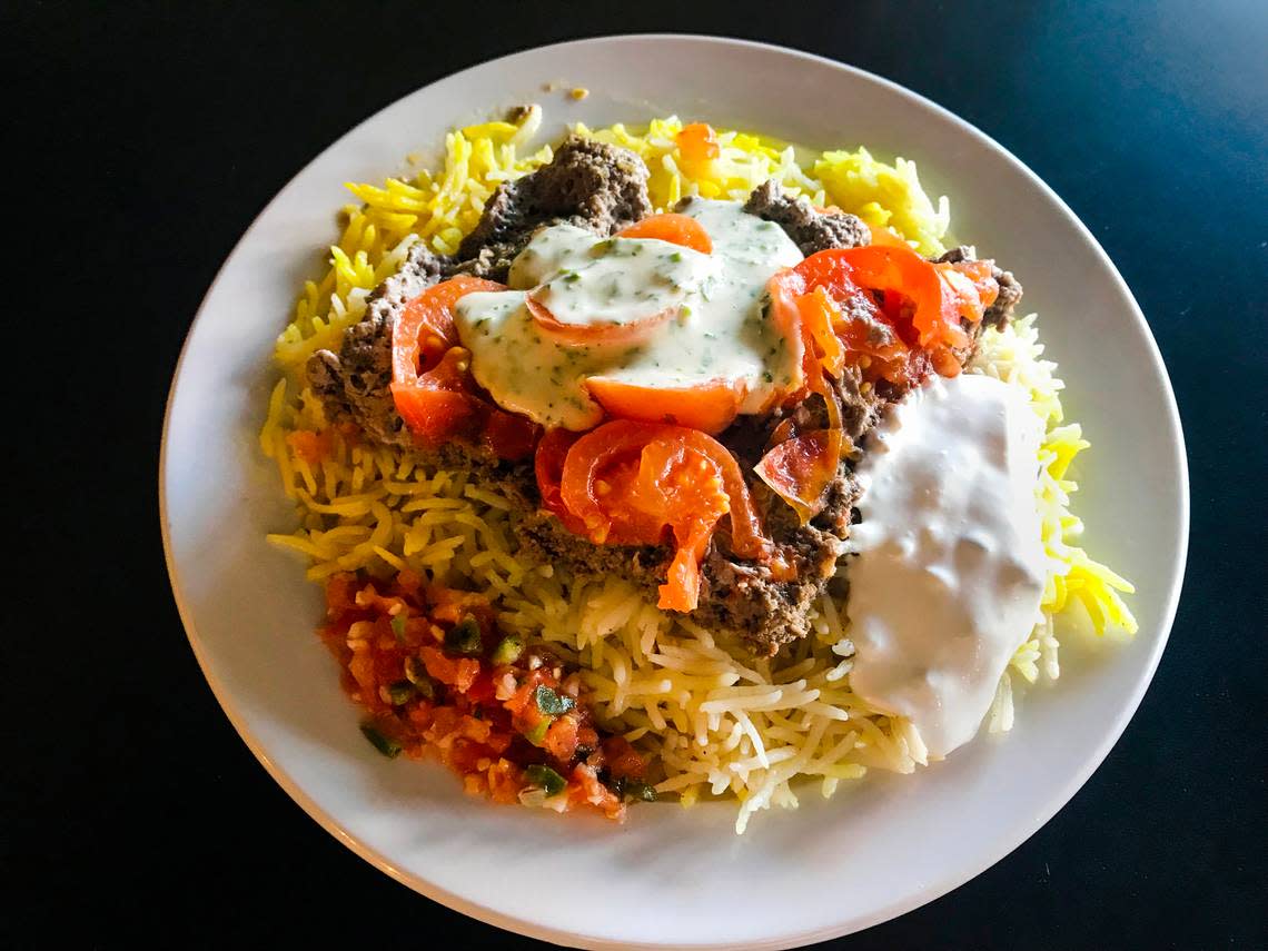 Kefta, a recent Kari’s special, has ground beef and lamb cooked with tomatoes and tahini sauce on rice.