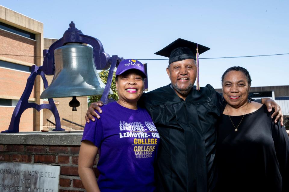 Richard Williams poses for a portrait at LeMoyne-Owen College with his niece Nikki Williams and his wife Jessie Williams in Memphis, Tenn., on Thursday, May 9, 2024. The 79-year-old Williams, who graduated May 11, finished his coursework 51 years ago but couldn’t afford the $50 in order to receive his diploma. His niece works at the college as executive assistant to the VP and provost, and when in February she found out her uncle hadn’t received his diploma, she took him to the registrar’s office to get things sorted out and arrange for him to graduate in the spring.