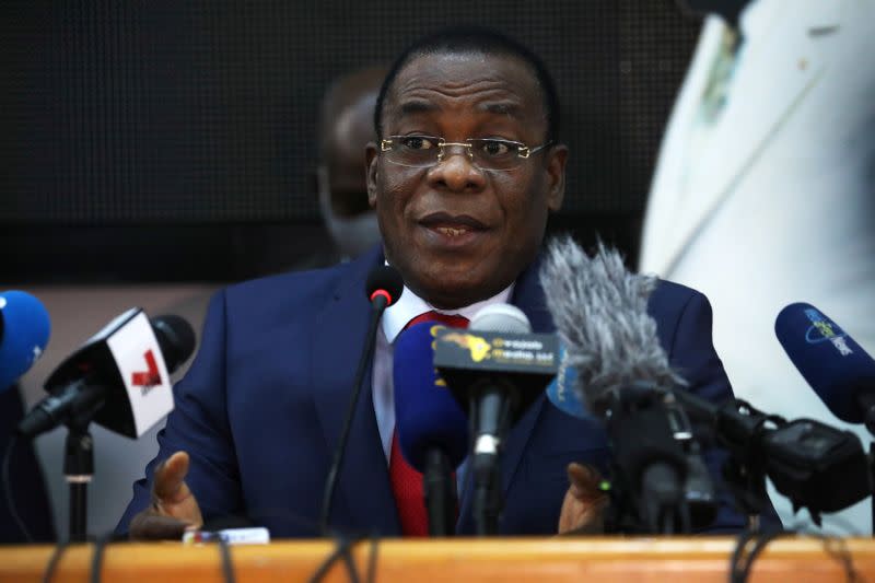 Pascal Affi N'Guessan, President of FPI (Ivorian Popular Front) and candidate for the October 31, 2020 presidential election, speaks to journalists during an Ivorian opposition press conference in Abidjan