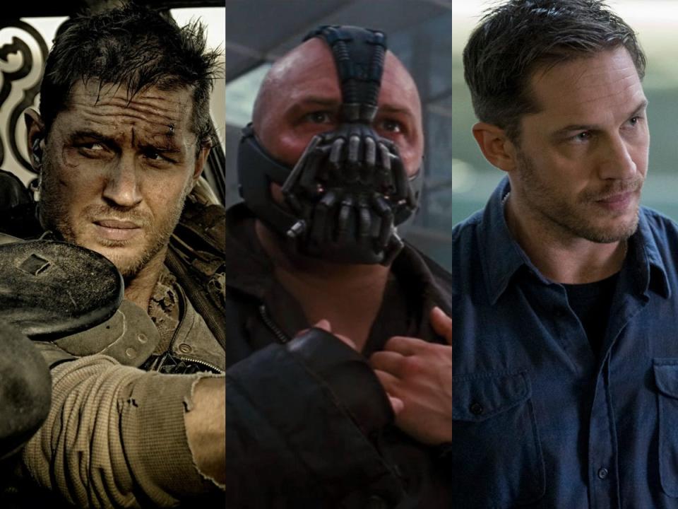 From left: Tom Hardy in "Mad Max: Fury Road," "The Dark Knight Rises," and "Venom."