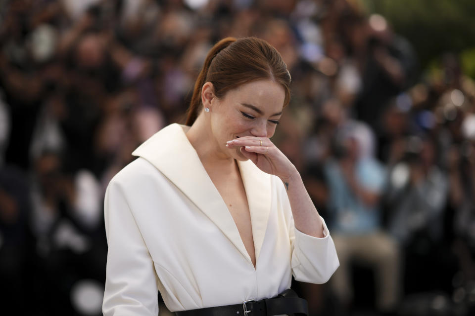 Emma Stone poses for photographers at the photo call for the film 'Kinds of Kindness' at the 77th international film festival, Cannes, southern France, Saturday, May 18, 2024. (Photo by Daniel Cole/Invision/AP)