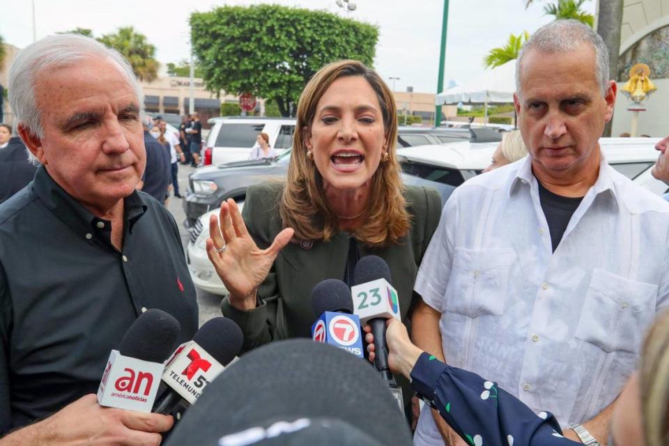 Miami’s Republican congressional delegation including, from left, Rep. Carlos Gimenez, Rep. Maria Elvira Salazar and Rep. Mario Diaz-Balart, attends a rally in support of anti-government protesters in Cuba at Versailles Restaurant on SW Eighth Street in Little Havana on Wednesday, August 4, 2021.