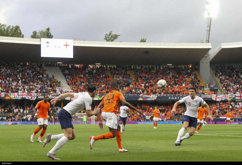 Guimar�es, 06/06/2019 - The Netherlands National Team hosted tonight the national team of England at the D. Afonso Henriques Stadium in the semi-finals of the four final of the 2019 UEFA League of Nations. Ben Chilwell; Denzel Dumfries; Harry Maguire (Fábio Po�o / Global Images/Sipa USA)