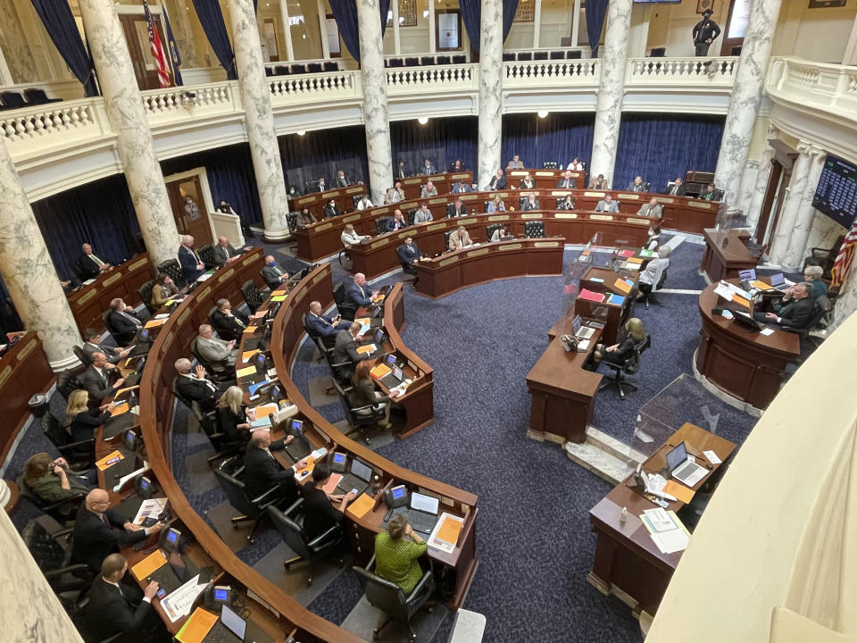 Lawmakers in the House of Representative debate a bill on Wednesday, March 17, 2021, in the Statehouse in Boise, Idaho. Lawmakers approved a massive income tax cut backers say provides much-needed relief but that opponents say is a giveaway to the rich that will result in long-lasting harm. (AP Photo/Keith Ridler)