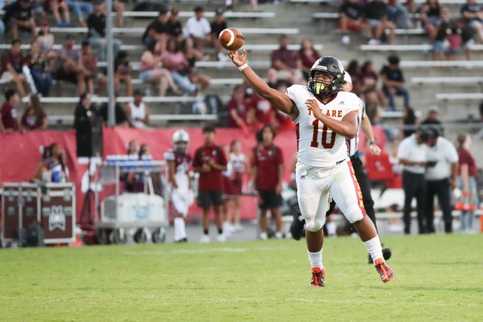 Tulare Union's QB Jordan Crisp passes against Mt. Whitney in a non-league high school football game at Mineral King Bowl on August 18th, 2023.