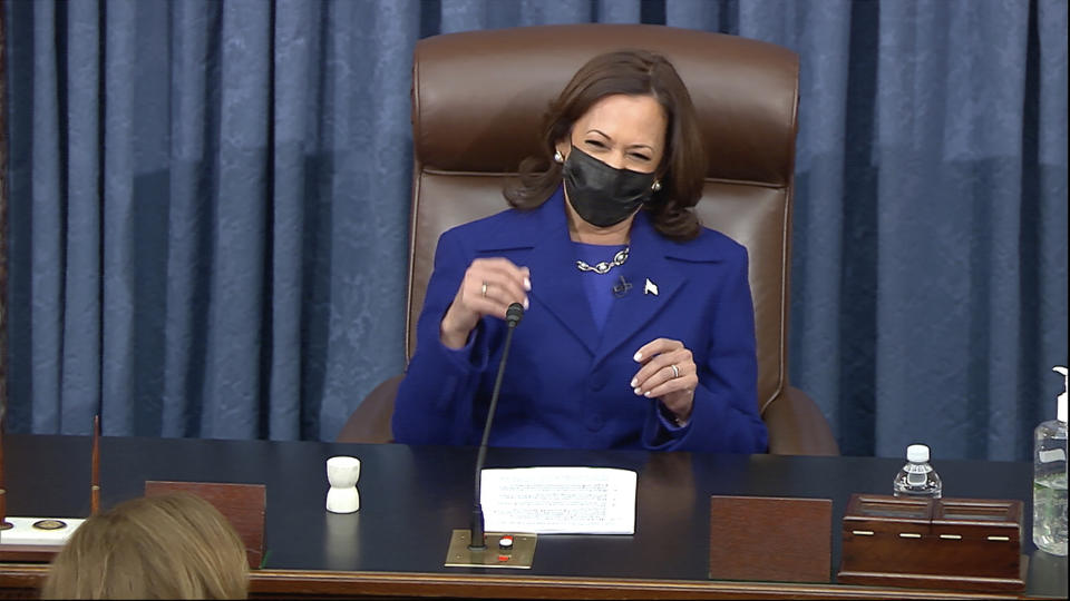 In this image from video, Vice President Kamala Harris presides over the Senate Wednesday, Jan. 6, 2021, on Capitol Hill in Washington. (Senate Television via AP)