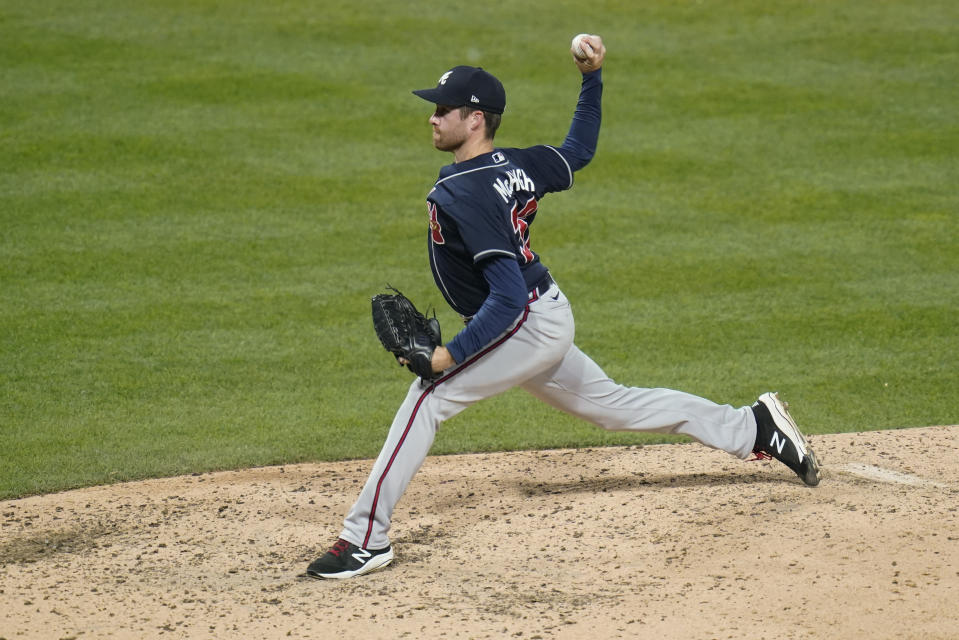 Atlanta Braves relief pitcher Collin McHugh delivers strike three to Pittsburgh Pirates' Ben Gamel for the last out of the ninth inning giving the Braves a 6-1 win of a baseball game, Tuesday, Aug. 23, 2022, in Pittsburgh. (AP Photo/Keith Srakocic)