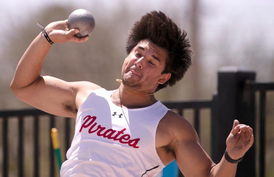 Lubbock-Cooper’s Chris Carrillo competes in shot put during the Districts 3/4-5A area track and field meet, Friday, April 21, 2023, at Lowrey Field at PlainsCapital Park. 